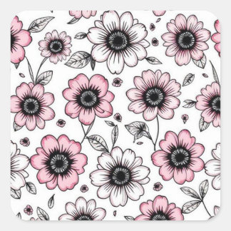 Pink flowers and leaves sketch design square sticker