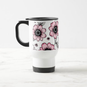 Pink flowers and leaves sketch design travel mug