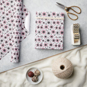 Pink flowers and leaves sketch design wrapping paper
