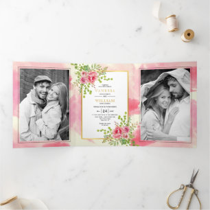 Pink flowers and leaves spring floral boho wedding Tri-Fold invitation