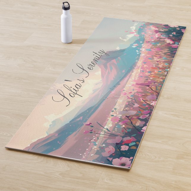 Pink Flowers And Mountains Artistic Hand-drawn Yoga Mat (In Situ)