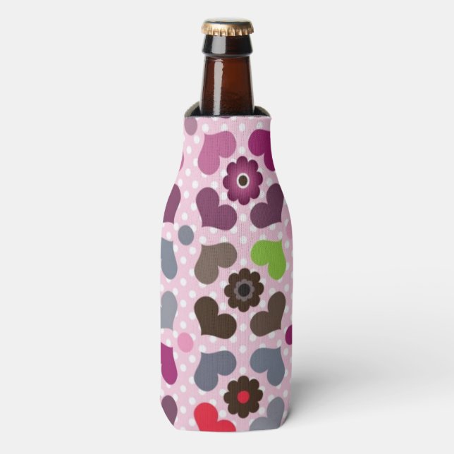 pink flowers and owls pattern bottle cooler (Bottle Front)