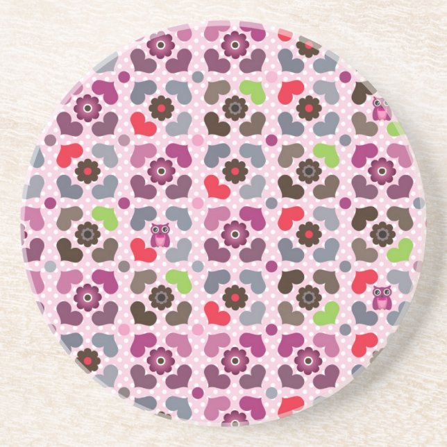 pink flowers and owls pattern coaster (Front)