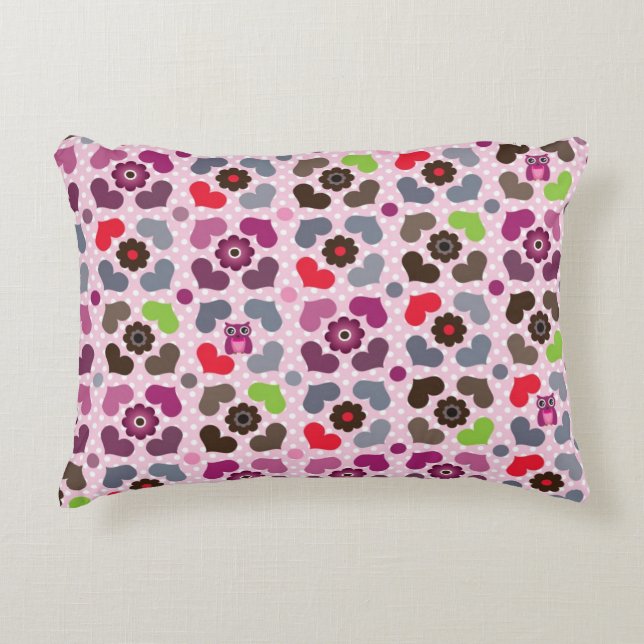 pink flowers and owls pattern decorative cushion (Front)
