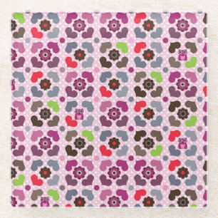 pink flowers and owls pattern glass coaster