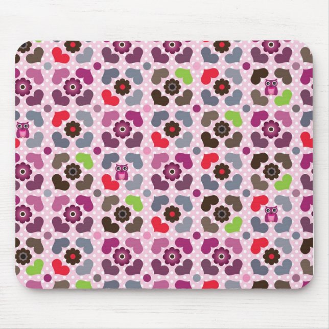 pink flowers and owls pattern mouse mat (Front)