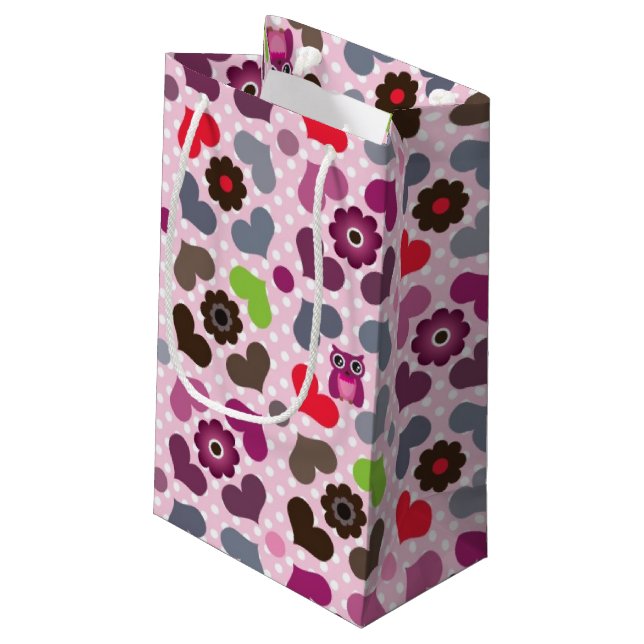 pink flowers and owls pattern small gift bag (Back Angled)