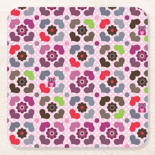 pink flowers and owls pattern square paper coaster (Front)