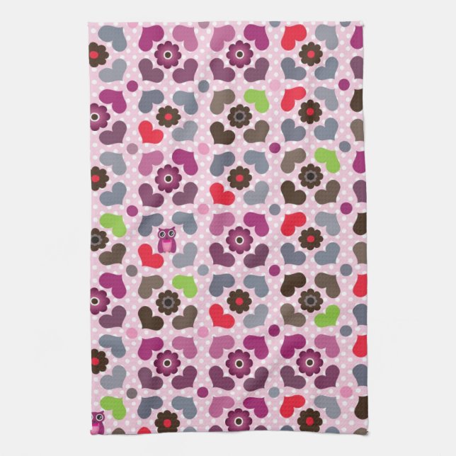 pink flowers and owls pattern tea towel (Vertical)