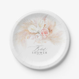 Pink Flowers and Pampas Grass Bridal Shower Paper Plate