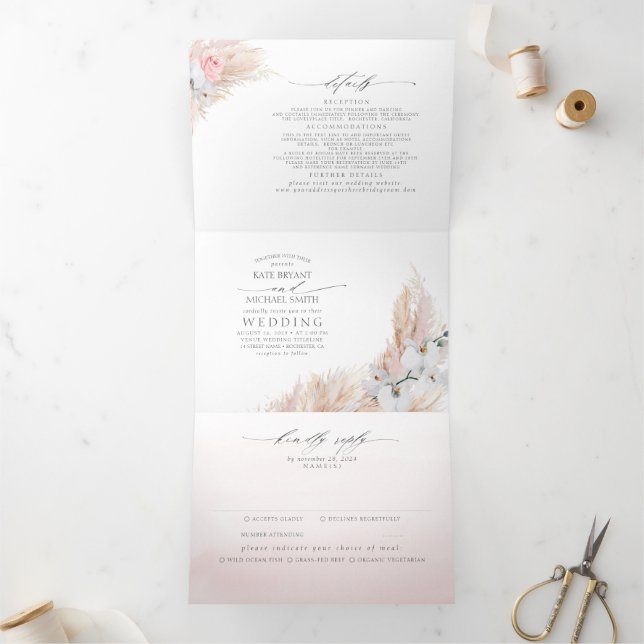 Pink Flowers and Pampas Grass Elegant Wedding Tri-Fold Invitation (Inside)