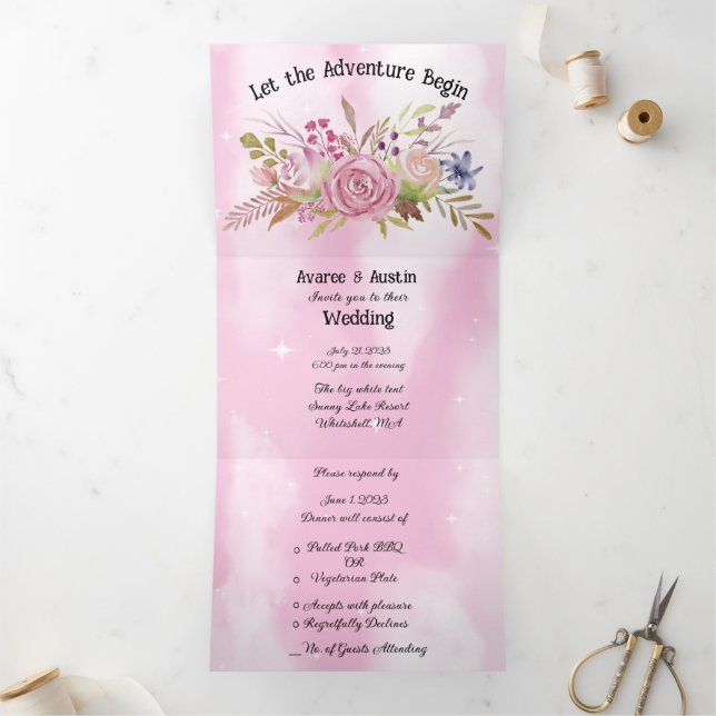  Pink Flowers and Pink Starry Sky Tri-Fold Invitation (Inside)