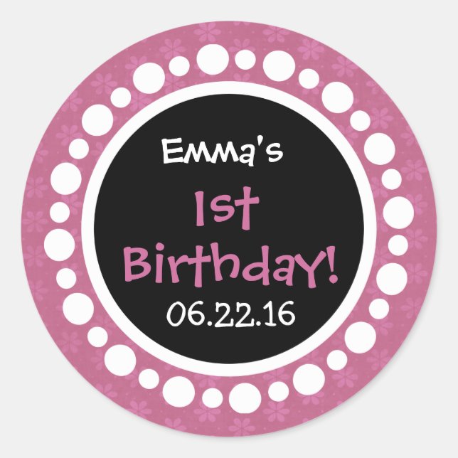 Pink Flowers and Polka Dots 1st Birthday Party Classic Round Sticker (Front)