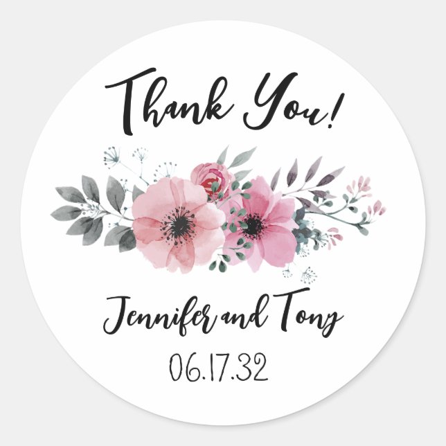Pink Flowers and Rose Wedding Favour Sticker (Front)