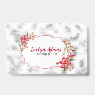 Pink Flowers And Silver Blurred Glass ID Badge