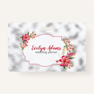 Pink Flowers And Silver Blurred Glass ID Badge
