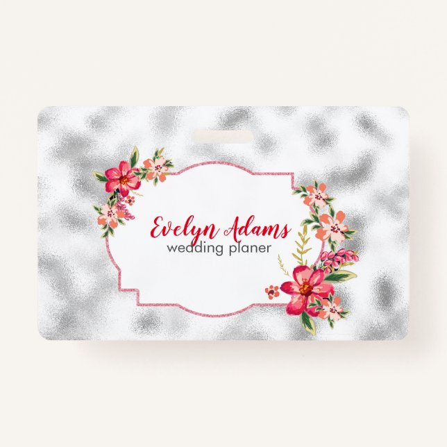 Pink Flowers And Silver Blurred Glass ID Badge (Back)