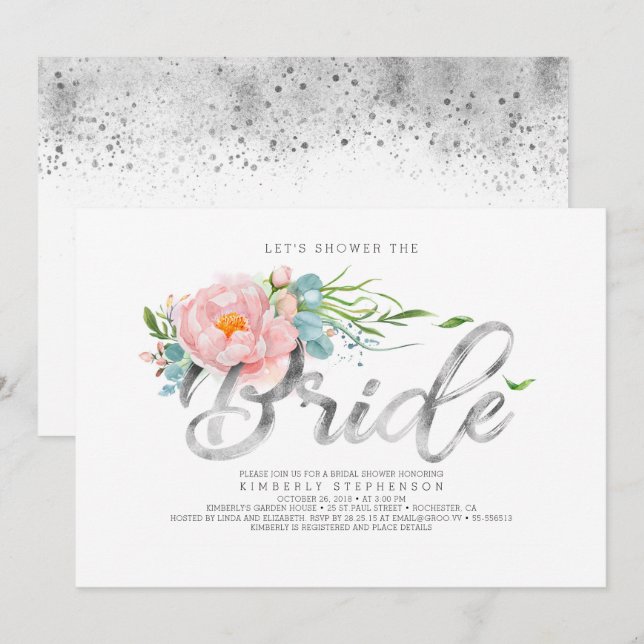Pink Flowers and Silver Foil Glitter Bridal Shower Invitation (Front/Back)