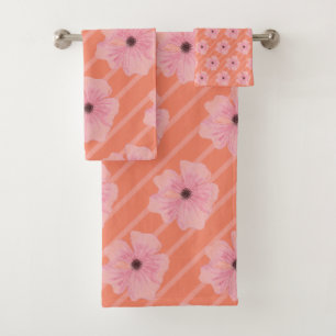 Pink Flowers And Stripes Bath Towel Set