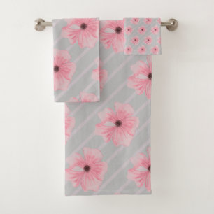 Pink Flowers And Stripes Bath Towel Set