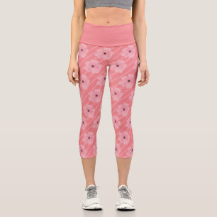 Pink Flowers And Stripes High Waisted Capri Leggings