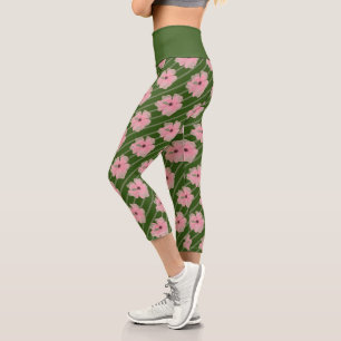 Pink Flowers And Stripes High Waisted Capri Leggings