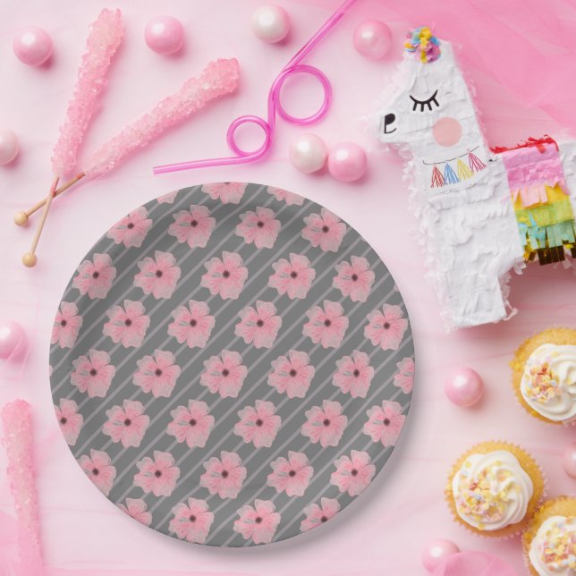 Pink Flowers And Stripes Paper Plates (Party)