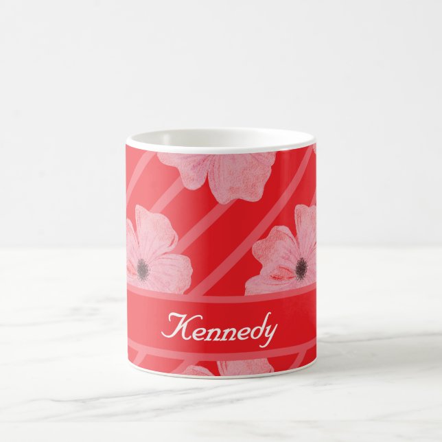 Pink Flowers And Stripes Personalised Coffee Mug (Center)