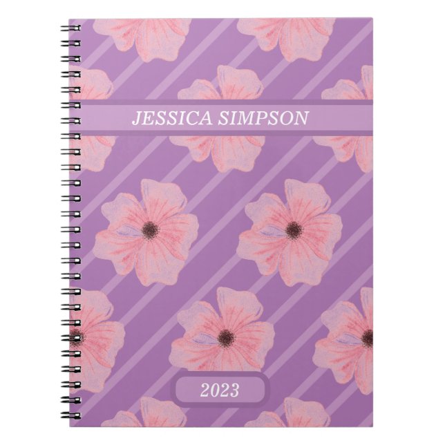 Pink Flowers And Stripes Personalised Notebook (Front)