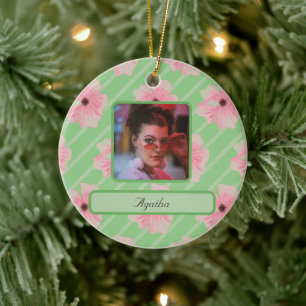 Pink Flowers And Stripes Personalised Ornament