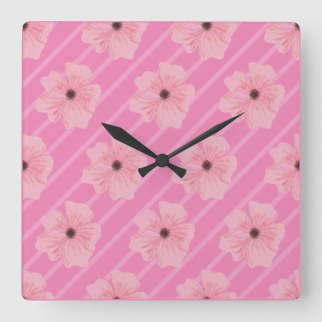 Pink Flowers And Stripes Wall Clock (Front)