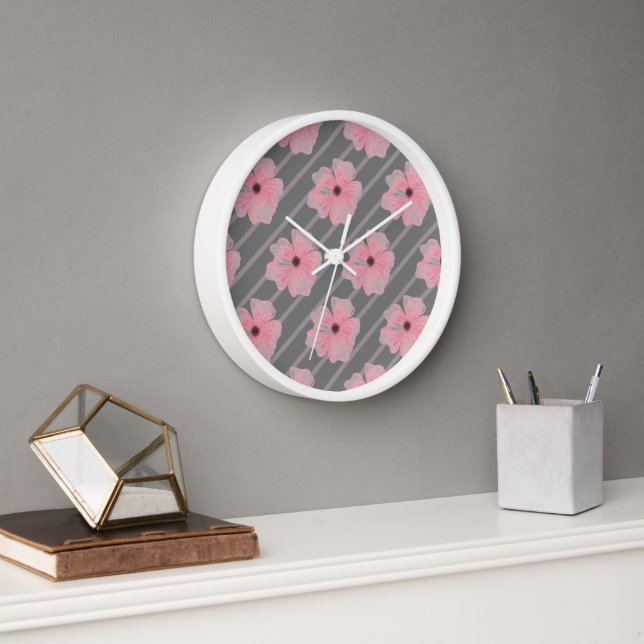 Pink Flowers And Stripes Wall Clock (Office)