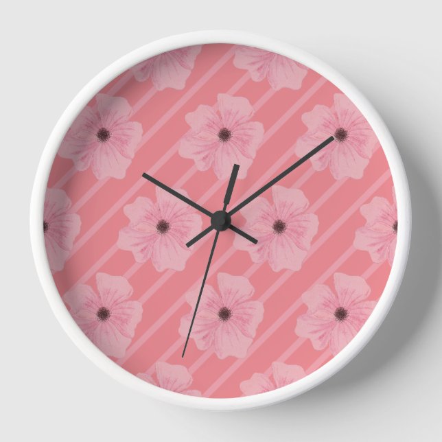 Pink Flowers And Stripes Wall Clock (Front)