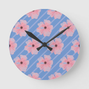 Pink Flowers And Stripes Wall Clock