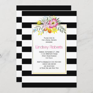 Pink flowers and stripes wedding bridal shower invitation
