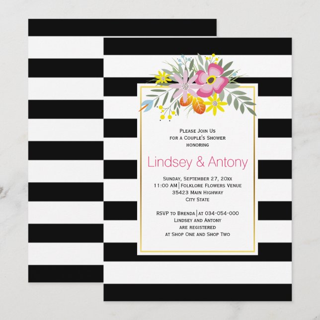 Pink flowers and stripes wedding couple's shower invitation (Front/Back)
