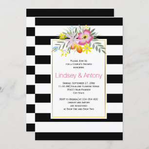 Pink flowers and stripes wedding couple's shower invitation
