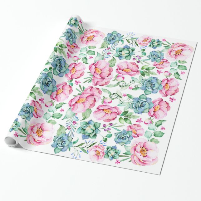 pink flowers and succulents botanical watercolor wrapping paper (Unrolled)