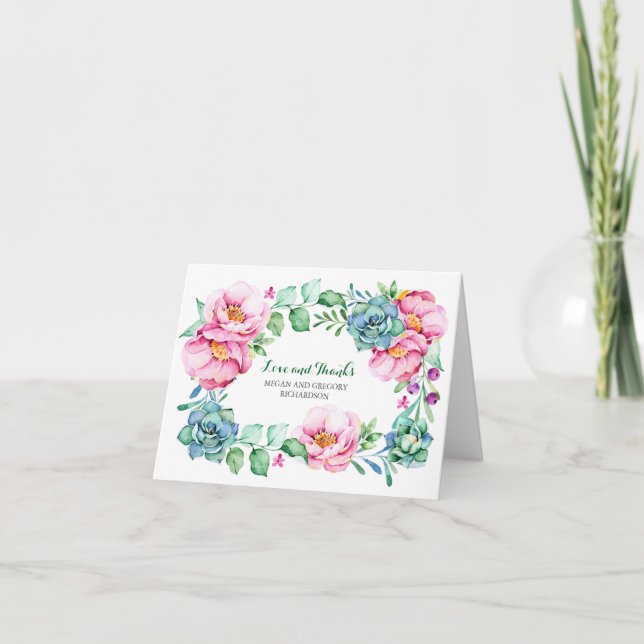pink flowers and succulents elegant thank you card (Front)