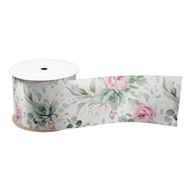 Pink Flowers and Succulents Greenery Elegant Boho Satin Ribbon (Spool)