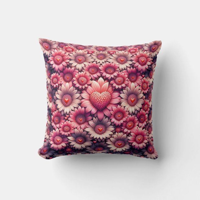 Pink Flowers ans Heart Throw Pillow  (Front)