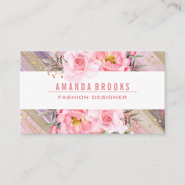 Pink Flowers | Artistic Paint | Gold Foil Specks Business Card (Front)