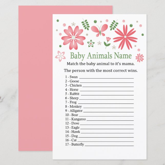 Pink Flowers Baby Animals Name Game (Front/Back)