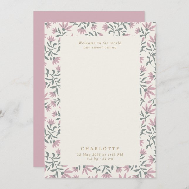 Pink flowers  | baby birth announcement card (Front/Back)
