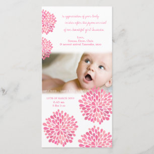 Pink Flowers Baby Birth Thank You Photo Card