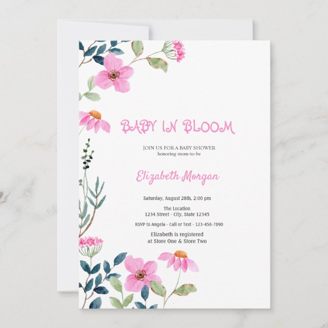 Pink Flowers Baby in Bloom  Baby Shower Invitation (Front)