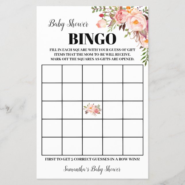Pink Flowers Baby Shower Bingo Game Card (Front)
