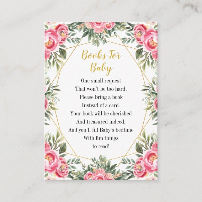 Pink Flowers Baby Shower Books For Baby Enclosure Card (Front)