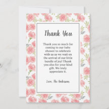 Pink Flowers Baby Shower Thank You Card