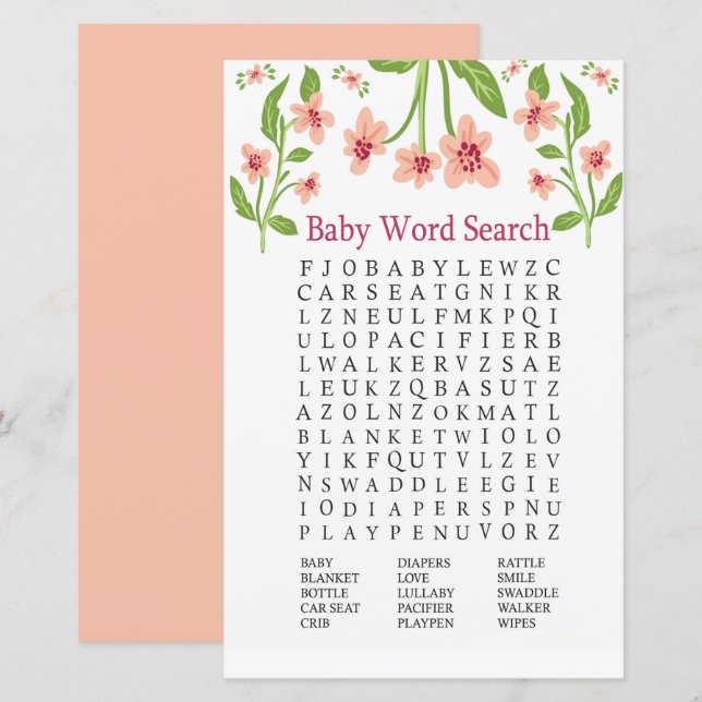 Pink Flowers Baby Shower Word Search Game (Front/Back)